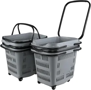 Kiddream 4 Pack Plastic Rolling Shopping Basket with Wheels, Large Portable Grocery Basket, Grey