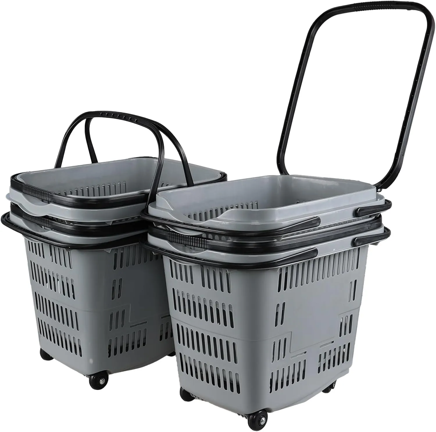 Kiddream 4 Pack Plastic Rolling Shopping Basket with Wheels, Large Portable Grocery Basket, Grey
