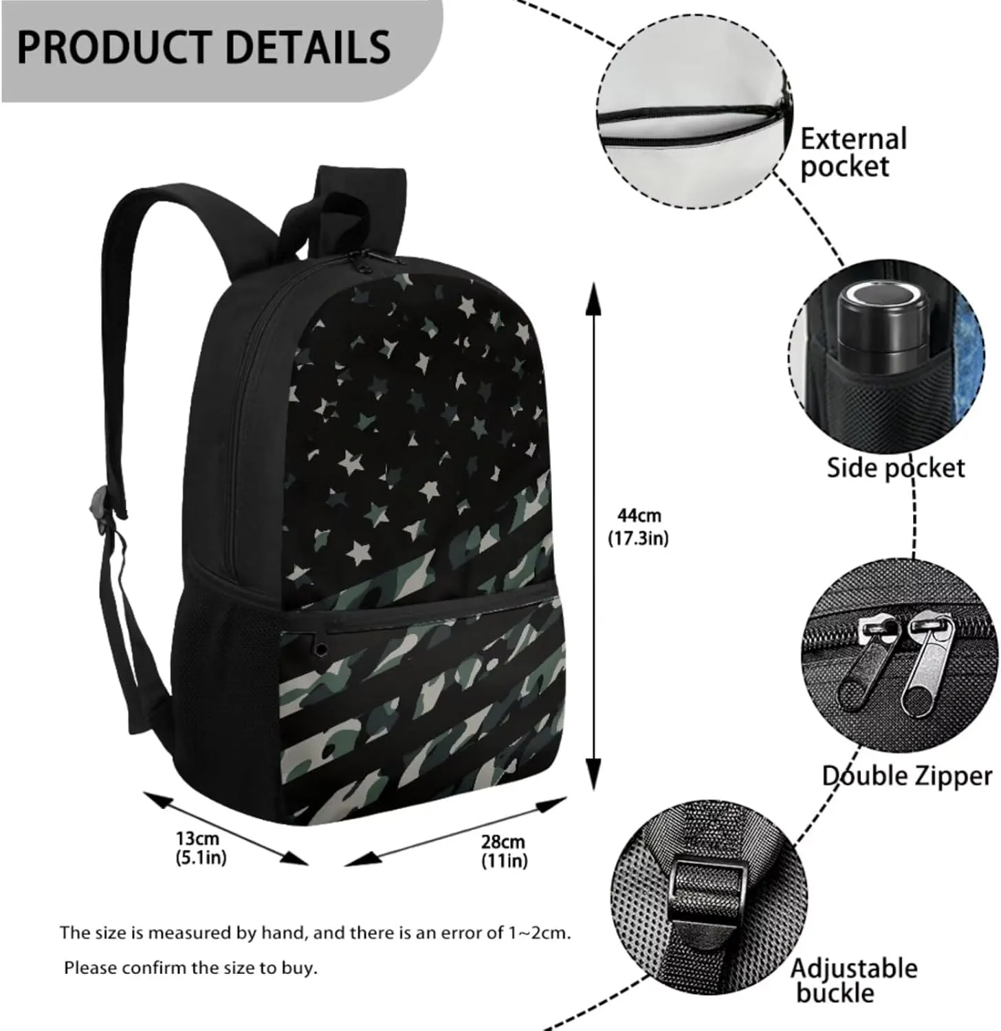 Kids American Flag Camo School Backpack Boys 6-8 Years Old with Lunchbox and Pencil Case Primary Elementary School Bookbag Set Zipper Closure