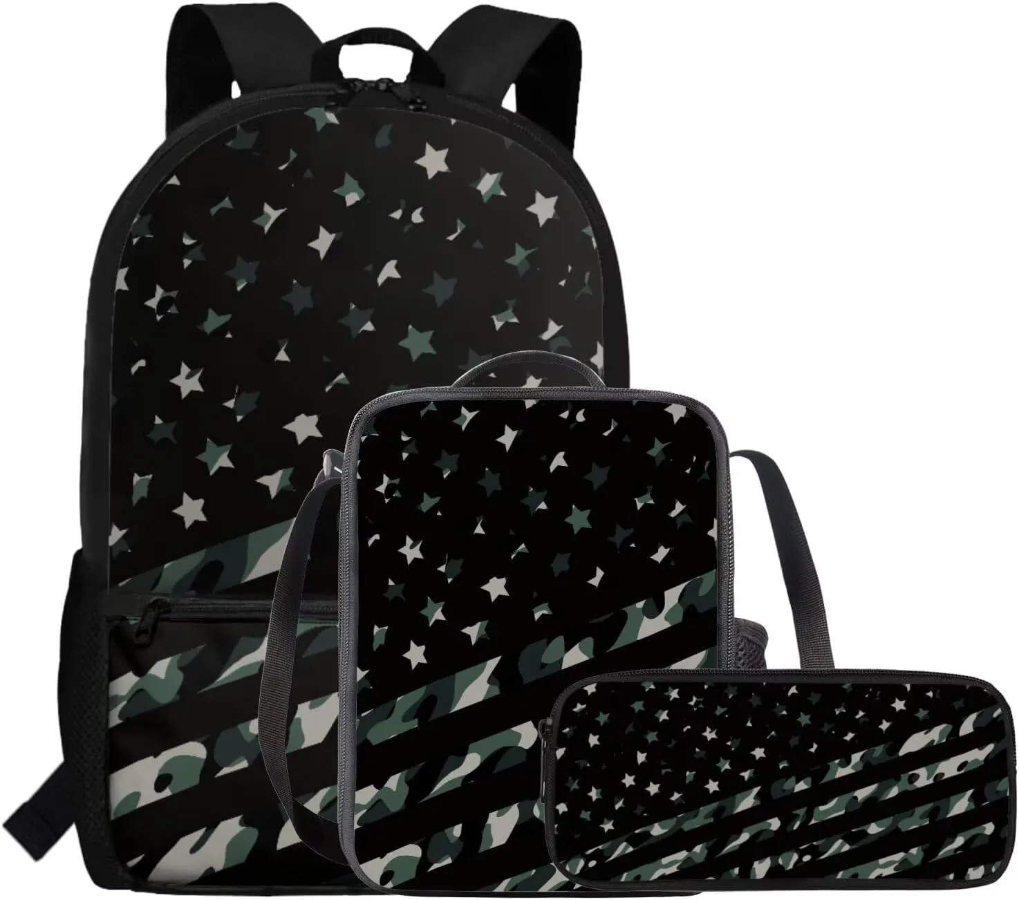 Kids American Flag Camo School Backpack Boys 6-8 Years Old with Lunchbox and Pencil Case Primary Elementary School Bookbag Set Zipper Closure