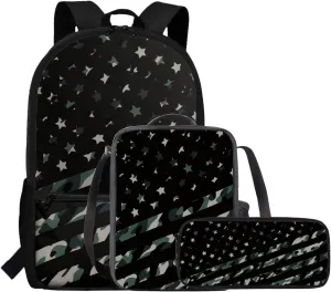 Kids American Flag Camo School Backpack Boys 6-8 Years Old with Lunchbox and Pencil Case Primary Elementary School Bookbag Set Zipper Closure