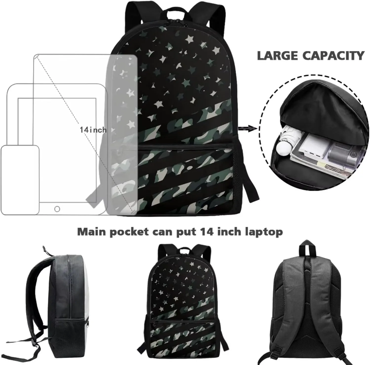 Kids American Flag Camo School Backpack Boys 6-8 Years Old with Lunchbox and Pencil Case Primary Elementary School Bookbag Set Zipper Closure