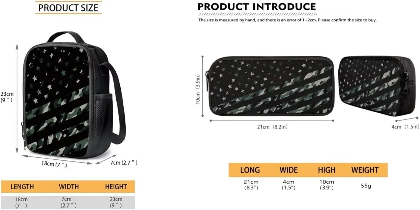 Kids American Flag Camo School Backpack Boys 6-8 Years Old with Lunchbox and Pencil Case Primary Elementary School Bookbag Set Zipper Closure