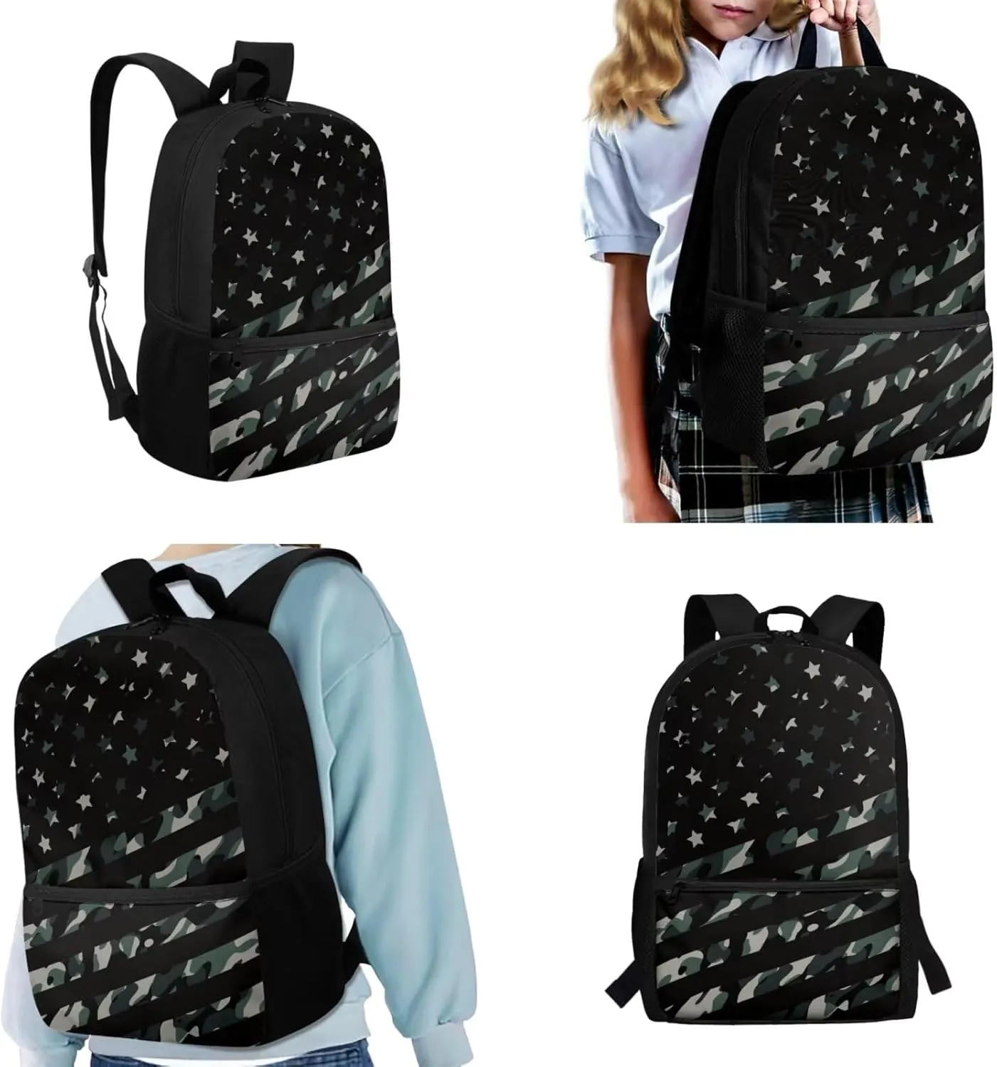 Kids American Flag Camo School Backpack Boys 6-8 Years Old with Lunchbox and Pencil Case Primary Elementary School Bookbag Set Zipper Closure
