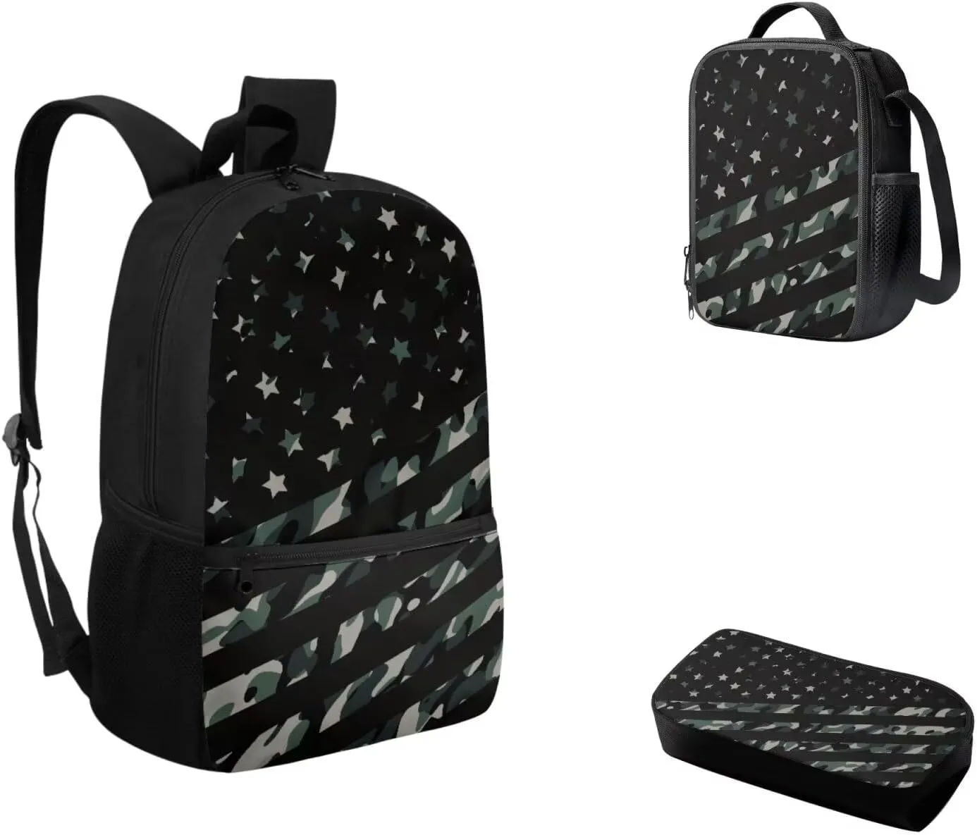 Kids American Flag Camo School Backpack Boys 6-8 Years Old with Lunchbox and Pencil Case Primary Elementary School Bookbag Set Zipper Closure