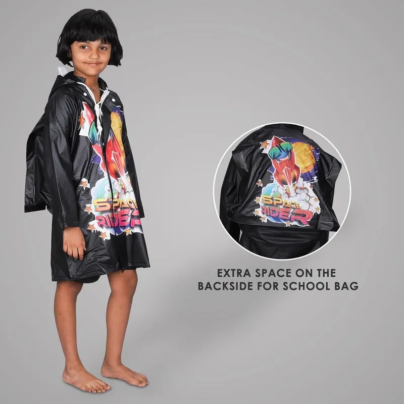 Kids Longcoat - Waterproof PVC, Adjustable Hood & Extra Space | Includes Storage Pouch | Age 4-5 | Black