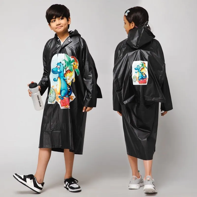 Kids Longcoat - Waterproof PVC, Adjustable Hood & Extra Space | Includes Storage Pouch | Age 4-5 | Black