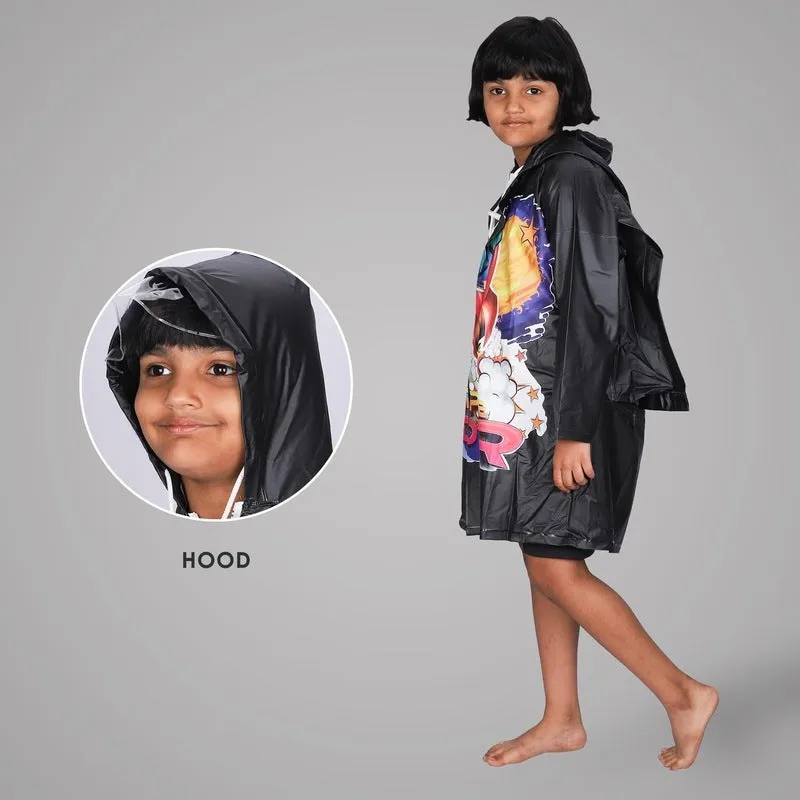 Kids Longcoat - Waterproof PVC, Adjustable Hood & Extra Space | Includes Storage Pouch | Age 4-5 | Black
