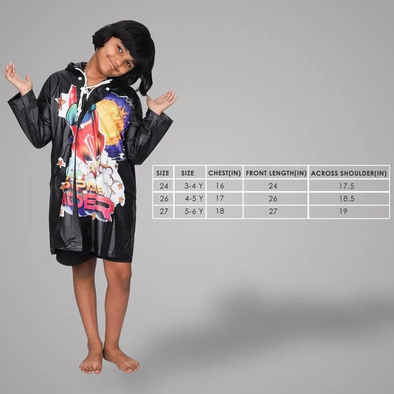 Kids Longcoat - Waterproof PVC, Adjustable Hood & Extra Space | Includes Storage Pouch | Age 4-5 | Black
