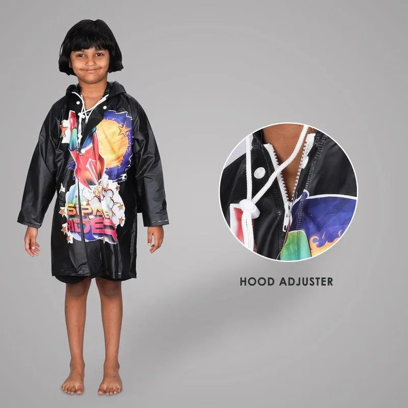 Kids Longcoat - Waterproof PVC, Adjustable Hood & Extra Space | Includes Storage Pouch | Age 4-5 | Black