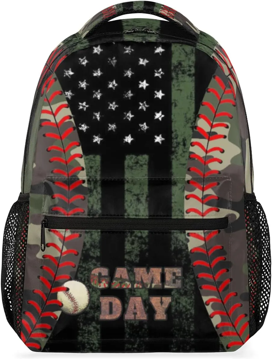 Kids School Backpacking Baseball Red Tie Backpack for Teens Girls & Boys Middle School Aesthetic Camo Students Bookbag 16 in Cute Lightweight Gym Travel Bag Sports Schoolbag