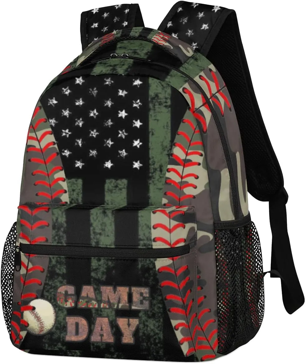 Kids School Backpacking Baseball Red Tie Backpack for Teens Girls & Boys Middle School Aesthetic Camo Students Bookbag 16 in Cute Lightweight Gym Travel Bag Sports Schoolbag