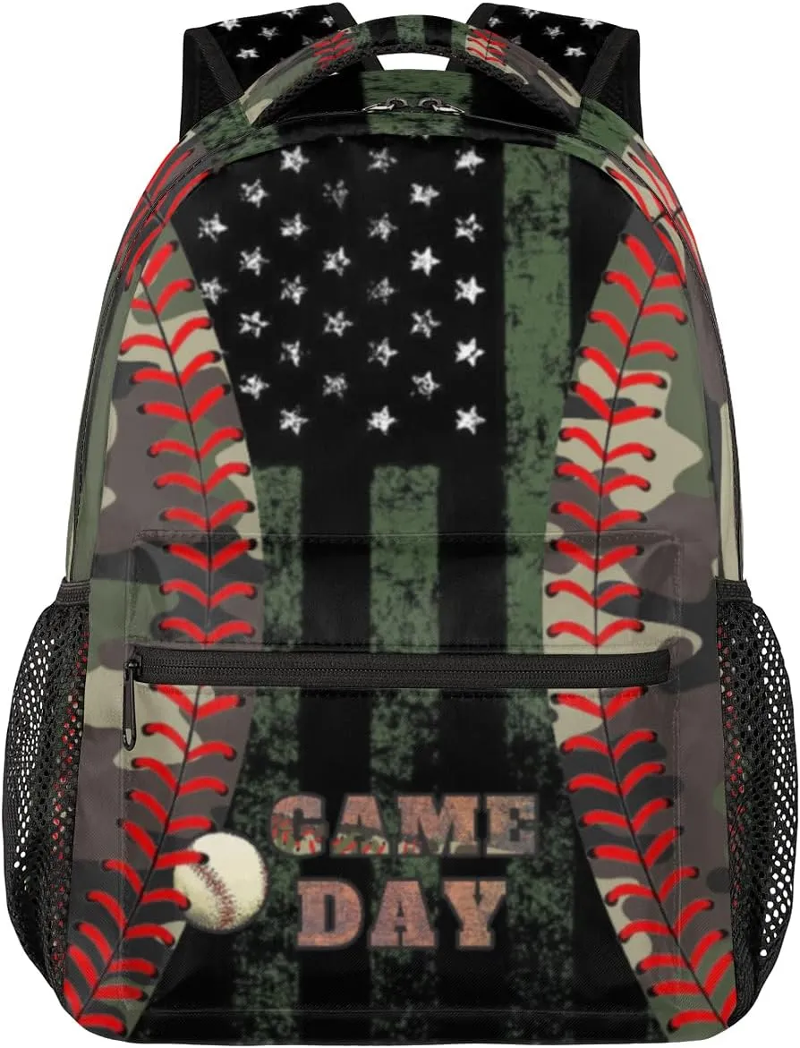 Kids School Backpacking Baseball Red Tie Backpack for Teens Girls & Boys Middle School Aesthetic Camo Students Bookbag 16 in Cute Lightweight Gym Travel Bag Sports Schoolbag