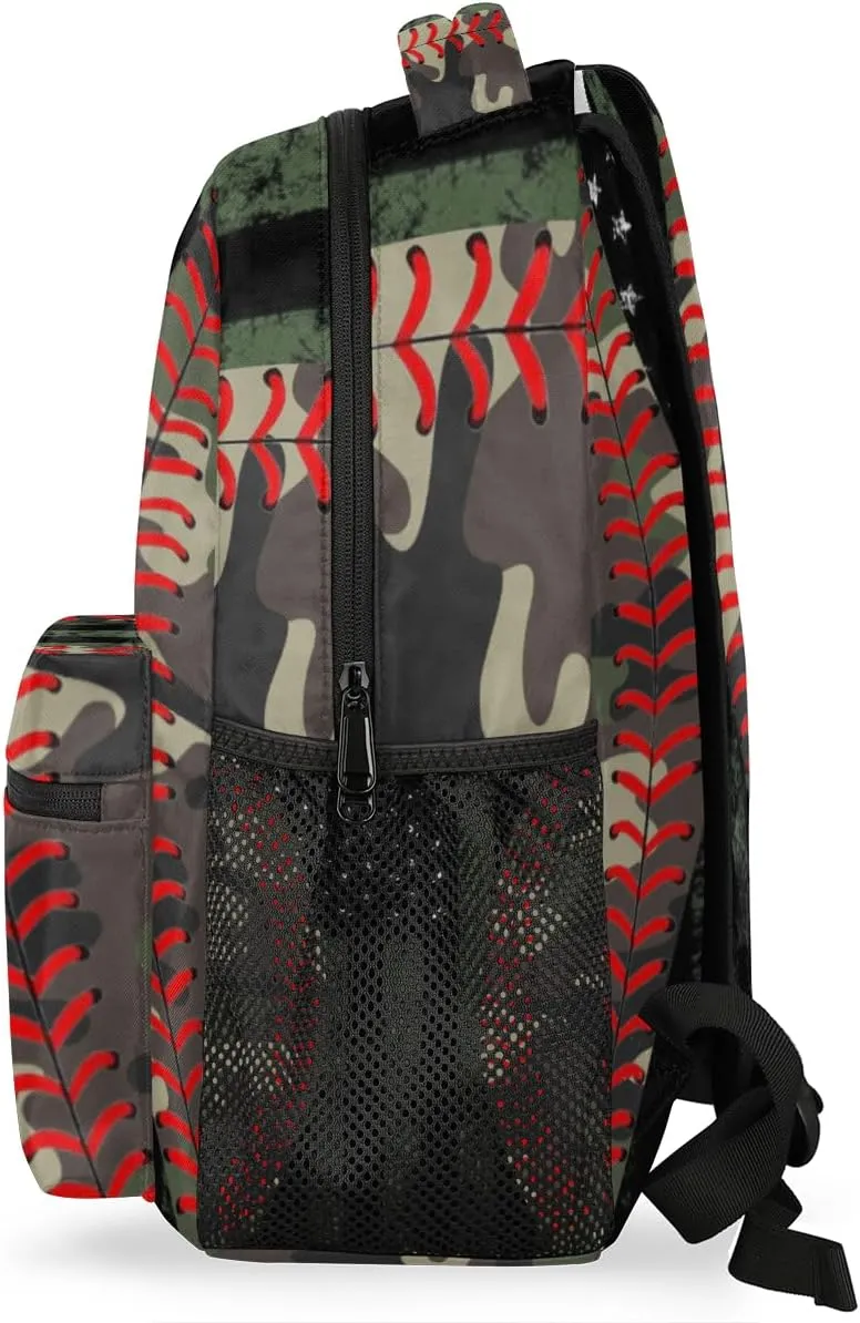 Kids School Backpacking Baseball Red Tie Backpack for Teens Girls & Boys Middle School Aesthetic Camo Students Bookbag 16 in Cute Lightweight Gym Travel Bag Sports Schoolbag