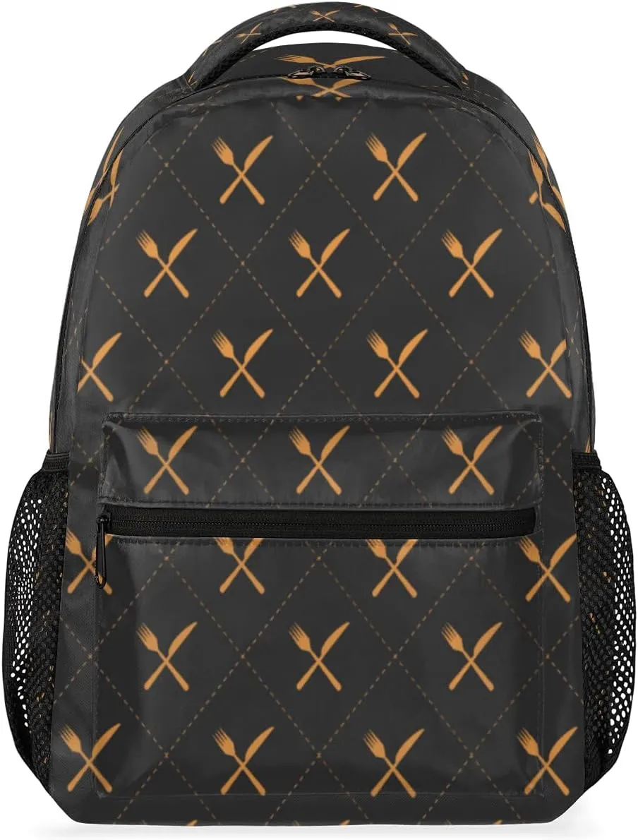 Knife Fork Tableware Prints Backpack, Black Fashion Laptop Backpacks Travel Bag Women College Casual Bag Hiking Camping Daypack