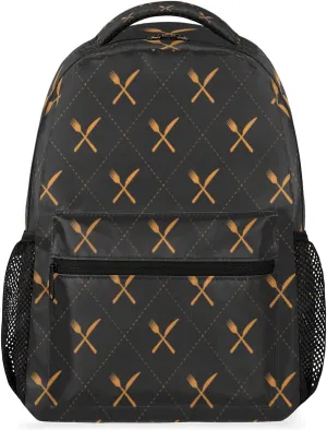 Knife Fork Tableware Prints Backpack, Black Fashion Laptop Backpacks Travel Bag Women College Casual Bag Hiking Camping Daypack