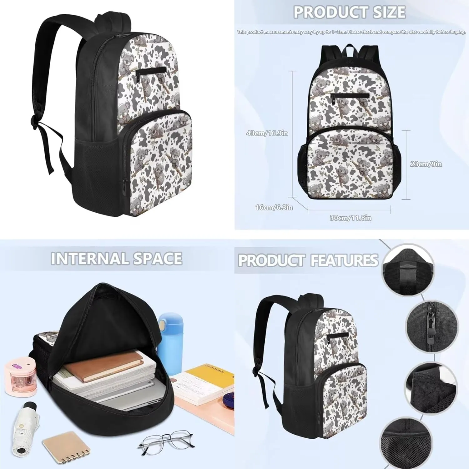 Koala School Bag and Lunch Box Set for Girls Kids Backpack Set with Water Bottle Holder Kids School Handbag Lightweight Backpack for Middle High School/Business Trip/Excursions