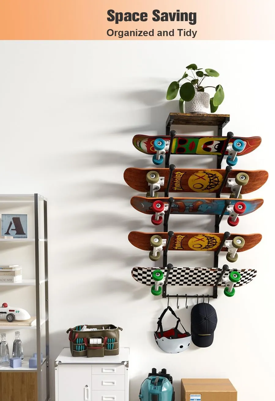 Koutemie Skateboard Rack Wall Mount with Five-Layer Skate Board Stand for Storage Longboard Deck Organizer, Skateboard Wall Display Hanger Holder with 6 Hooks for Home or Garage