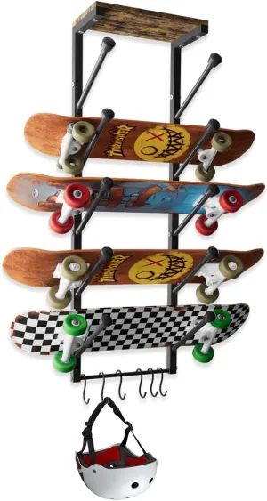 Koutemie Skateboard Rack Wall Mount with Five-Layer Skate Board Stand for Storage Longboard Deck Organizer, Skateboard Wall Display Hanger Holder with 6 Hooks for Home or Garage