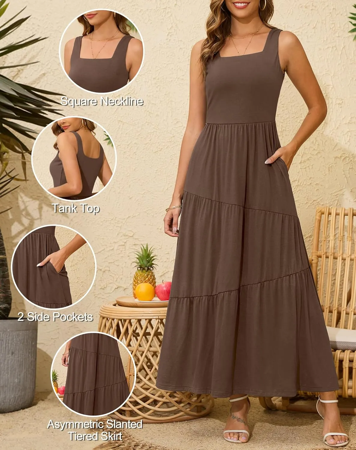 Kranda 2025 Summer Sleeveless Long Beach Sundress Square Neck Tank Top Tiered Maxi Dress with Pockets