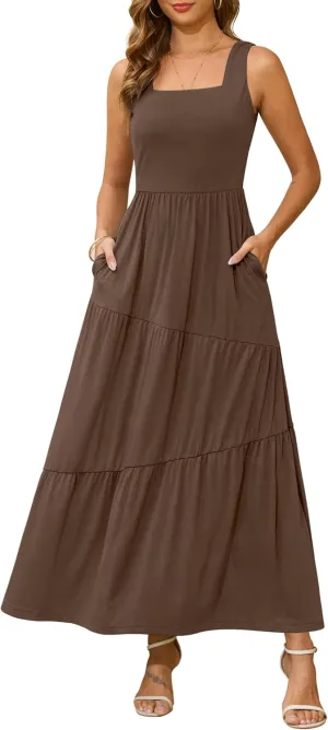 Kranda 2025 Summer Sleeveless Long Beach Sundress Square Neck Tank Top Tiered Maxi Dress with Pockets