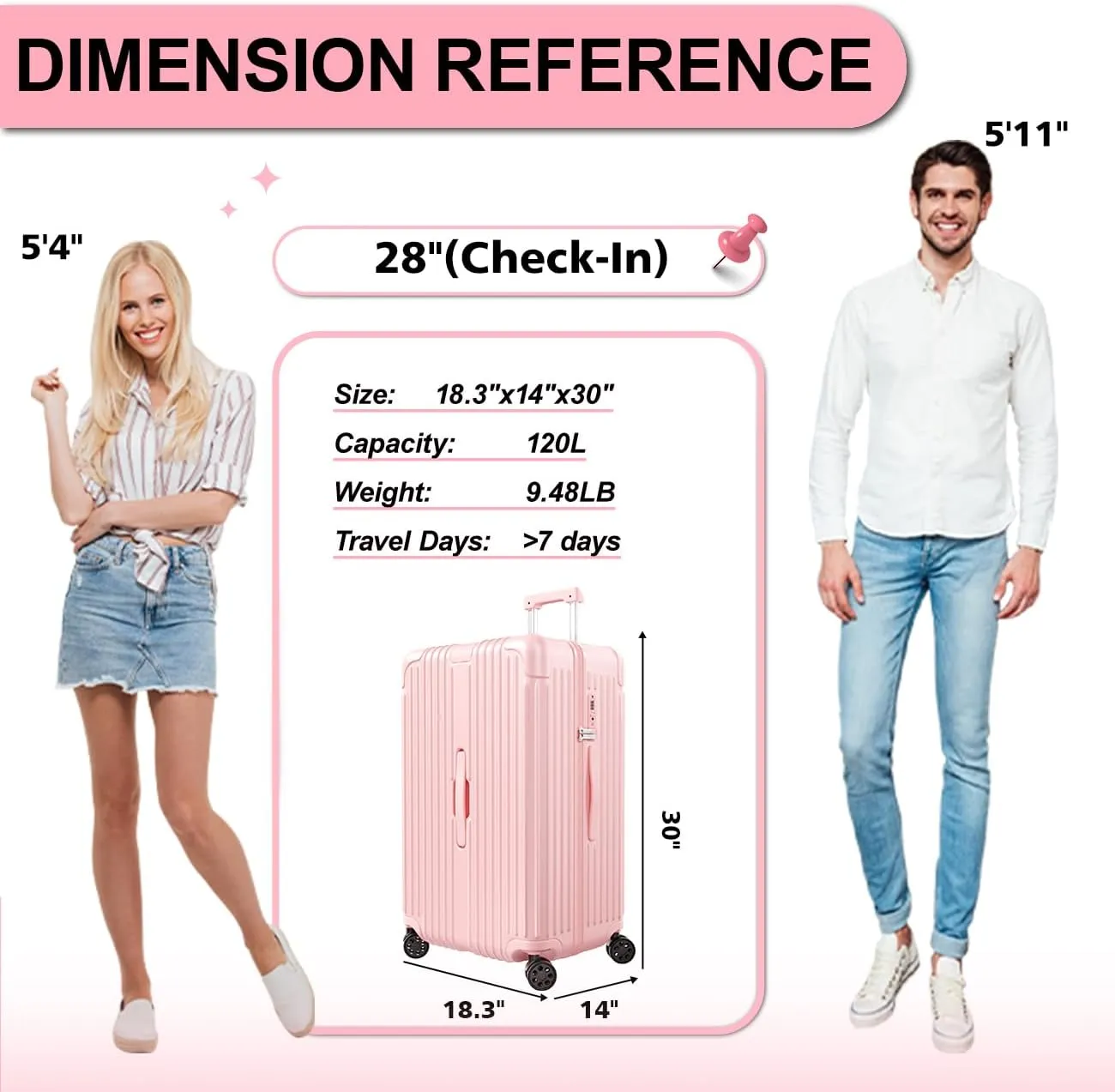 Krute Luggage 28 Inch Suitcase with 4 Universal Wheels TSA Lock PC ABS Hardside Checked Luggage (Pink)