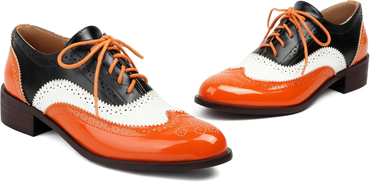 Lace-up Wingtips Oxford Shoes for Women Cutout Brogues Saddle Shoes