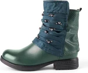 LALA IKAI Women's Combat Boots Motorcycle Ankle Fashion Boots with Studded Low Block Chunky Heels Biker Booties Shoes