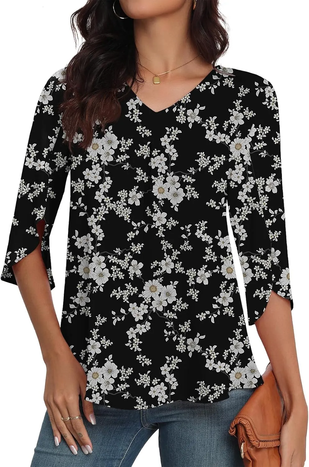 LAOLASI Womens Summer Chiffon Blouses 3/4 Sleeve V Neck Casual Loose Work Tops for Leggings 2025 Flowy Dressy Tshirts