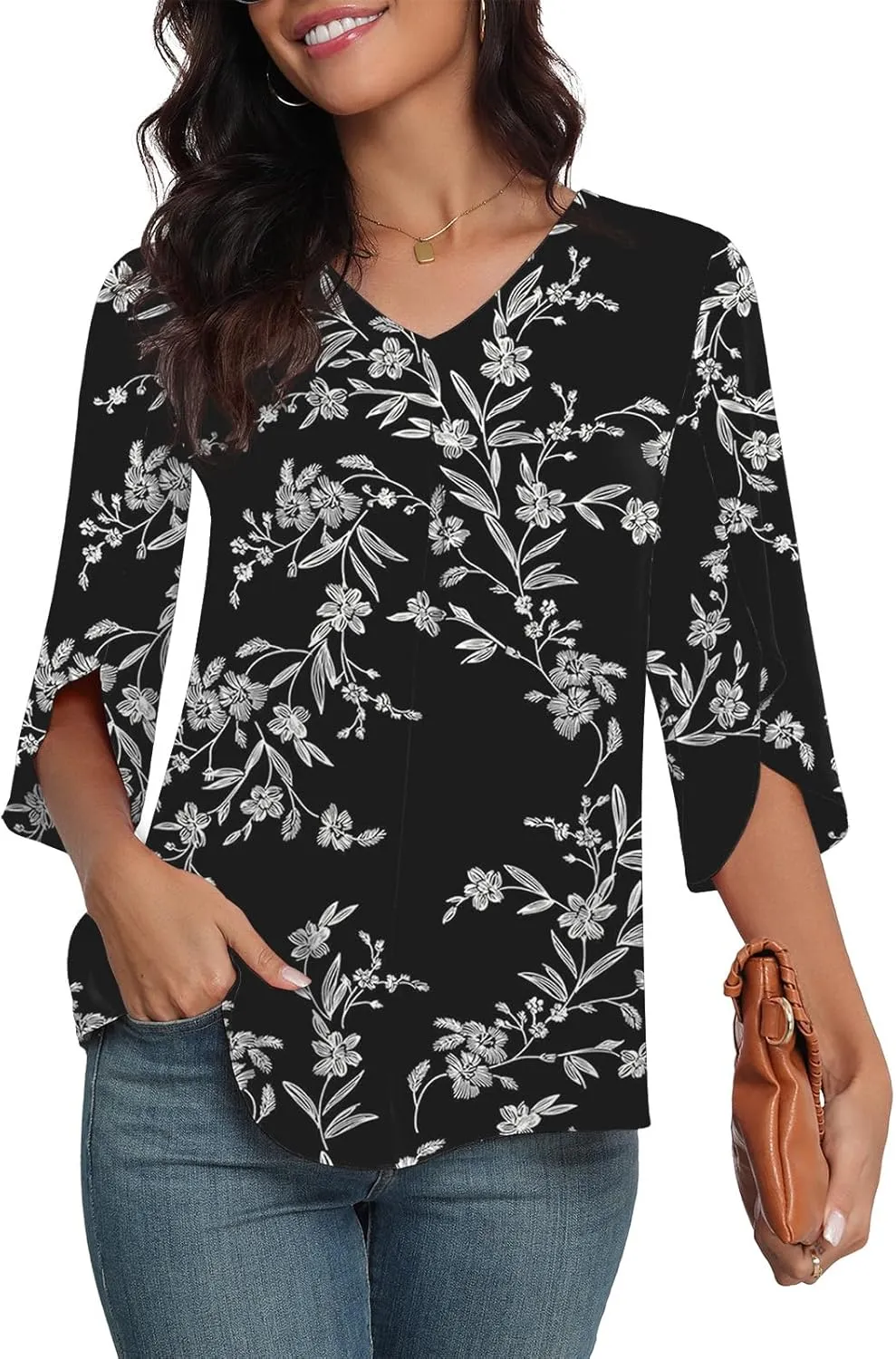 LAOLASI Womens Summer Chiffon Blouses 3/4 Sleeve V Neck Casual Loose Work Tops for Leggings 2025 Flowy Dressy Tshirts