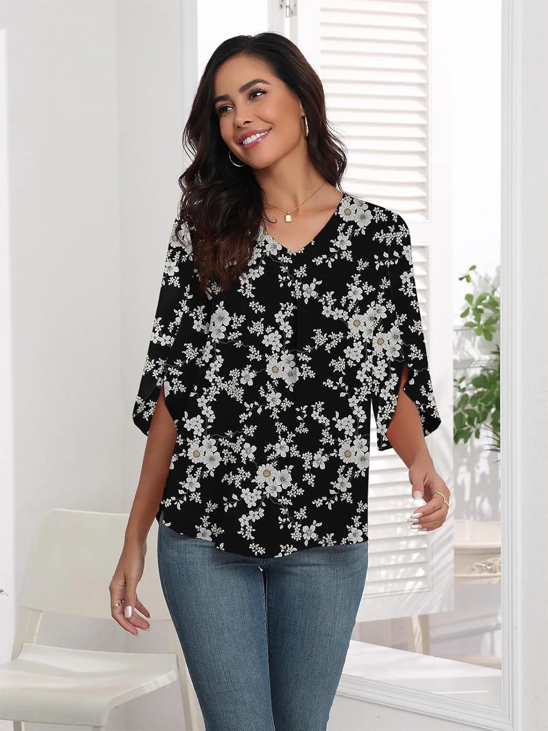 LAOLASI Womens Summer Chiffon Blouses 3/4 Sleeve V Neck Casual Loose Work Tops for Leggings 2025 Flowy Dressy Tshirts