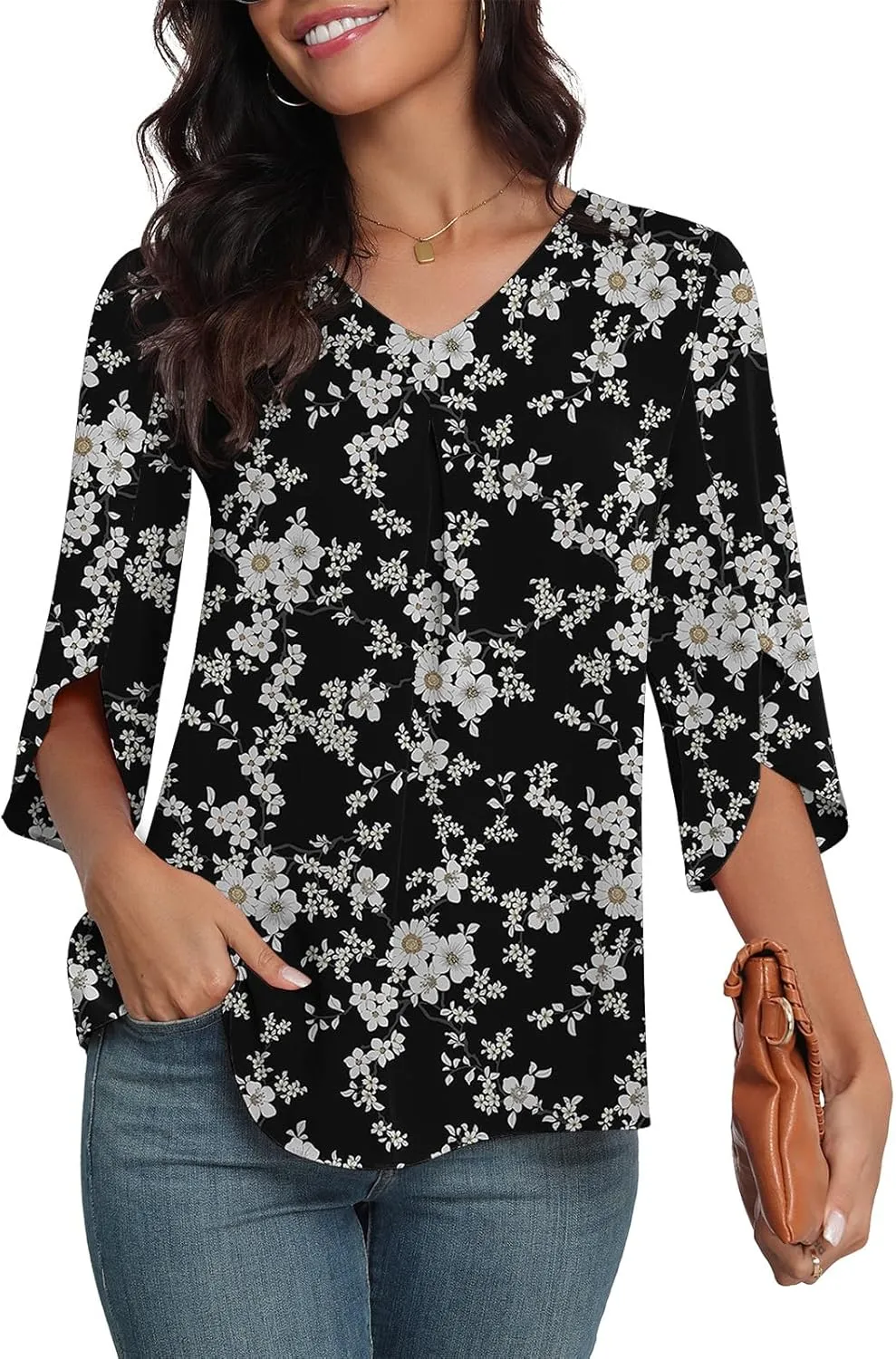 LAOLASI Womens Summer Chiffon Blouses 3/4 Sleeve V Neck Casual Loose Work Tops for Leggings 2025 Flowy Dressy Tshirts
