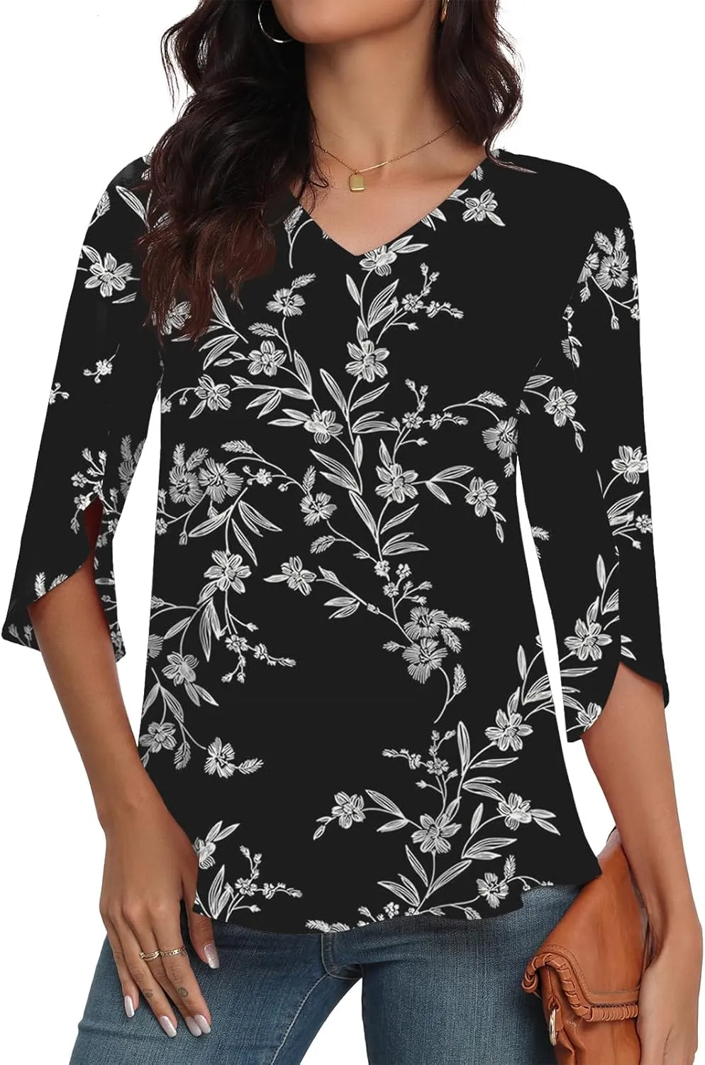 LAOLASI Womens Summer Chiffon Blouses 3/4 Sleeve V Neck Casual Loose Work Tops for Leggings 2025 Flowy Dressy Tshirts