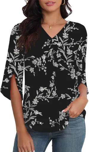 LAOLASI Womens Summer Chiffon Blouses 3/4 Sleeve V Neck Casual Loose Work Tops for Leggings 2025 Flowy Dressy Tshirts