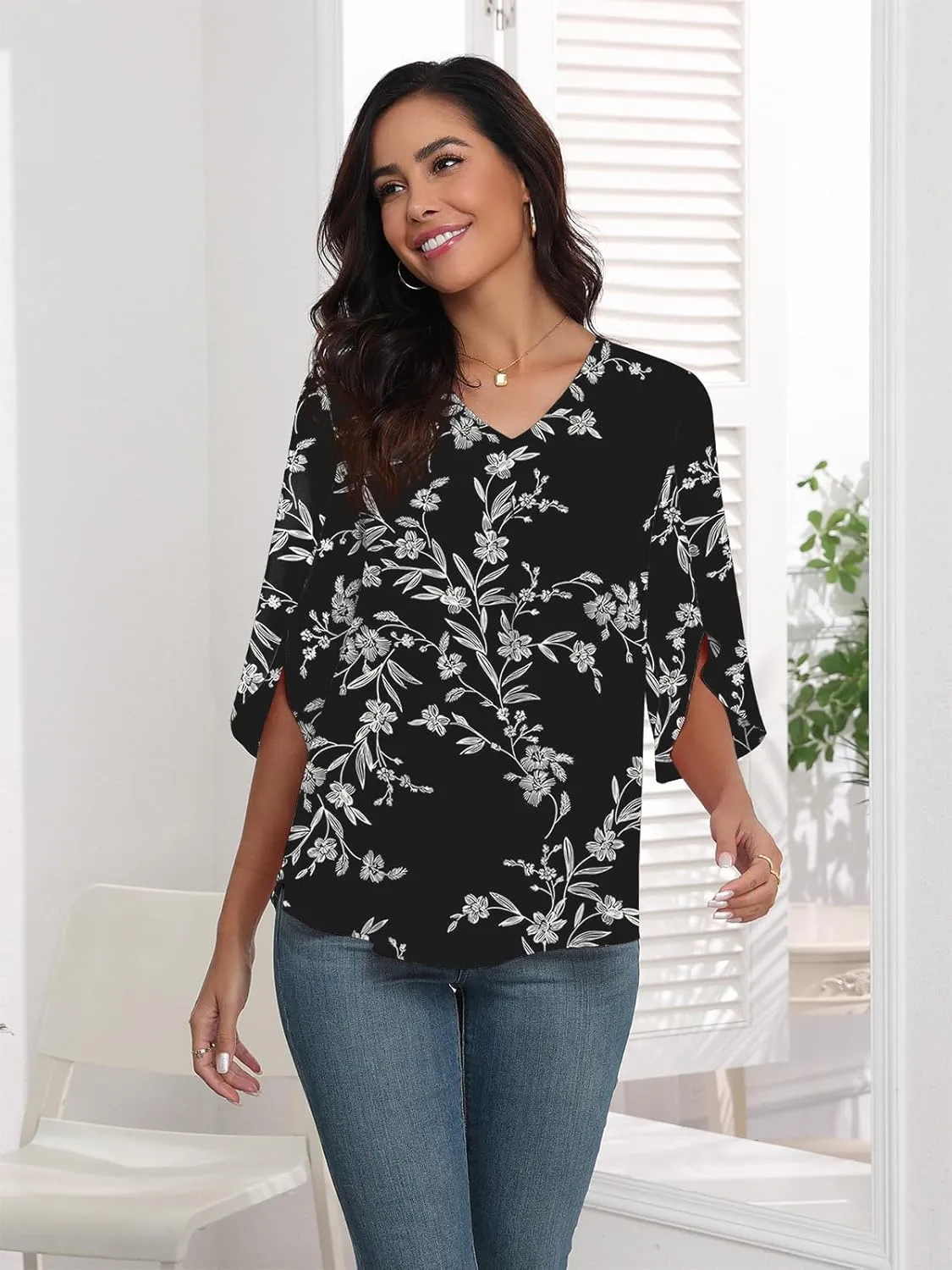 LAOLASI Womens Summer Chiffon Blouses 3/4 Sleeve V Neck Casual Loose Work Tops for Leggings 2025 Flowy Dressy Tshirts