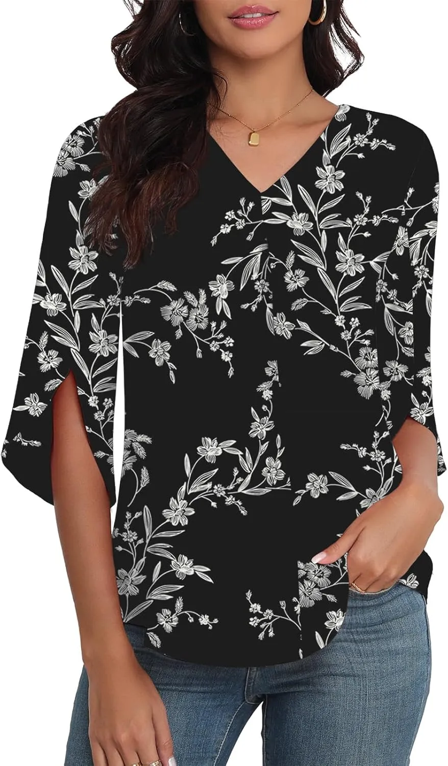 LAOLASI Womens Summer Chiffon Blouses 3/4 Sleeve V Neck Casual Loose Work Tops for Leggings 2025 Flowy Dressy Tshirts