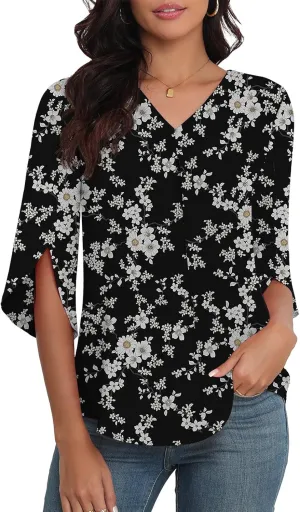 LAOLASI Womens Summer Chiffon Blouses 3/4 Sleeve V Neck Casual Loose Work Tops for Leggings 2025 Flowy Dressy Tshirts