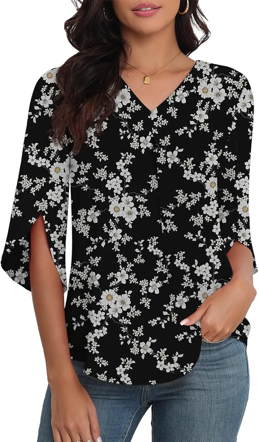 LAOLASI Womens Summer Chiffon Blouses 3/4 Sleeve V Neck Casual Loose Work Tops for Leggings 2025 Flowy Dressy Tshirts