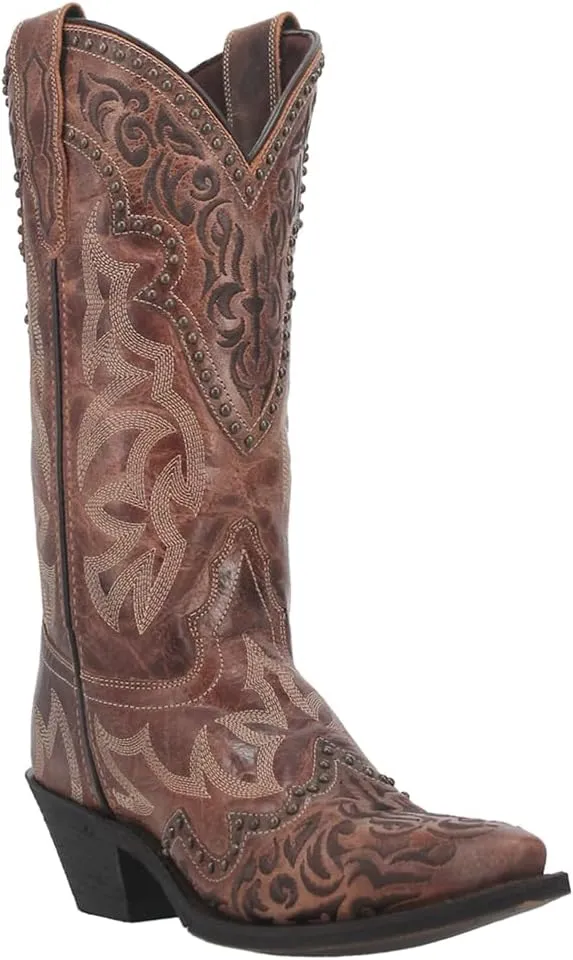 Laredo Womens Braylynn Embroidered Studded Snip Toe Casual Boots Mid Calf Low Heel 1-2" - Brown