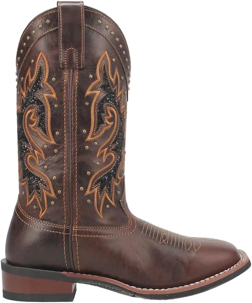 Laredo Womens Lockhart Studded Embroidered Square Toe Casual Boots Mid Calf Low Heel 1-2" - Brown