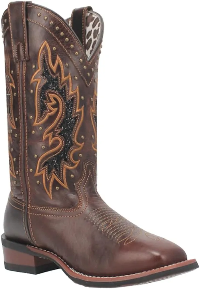 Laredo Womens Lockhart Studded Embroidered Square Toe Casual Boots Mid Calf Low Heel 1-2" - Brown