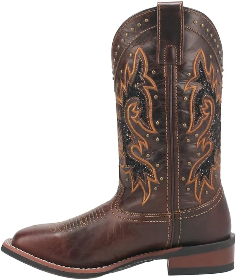 Laredo Womens Lockhart Studded Embroidered Square Toe Casual Boots Mid Calf Low Heel 1-2" - Brown