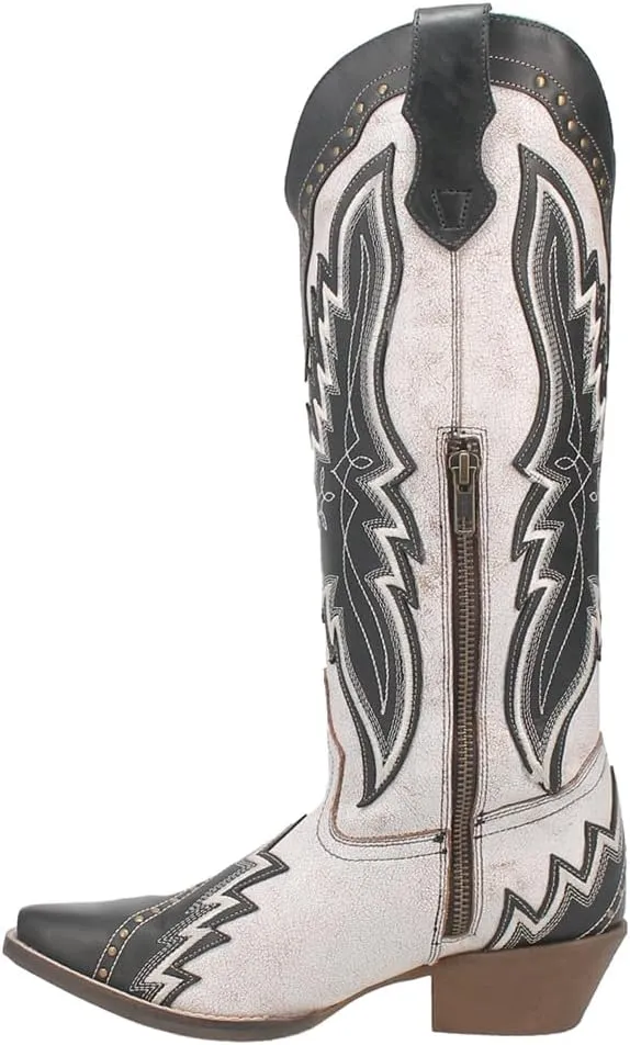 Laredo Womens Shawnee Studded Tooled-Inlay Embroidery Snip Toe Casual Boots Knee High Low Heel 1-2" - White