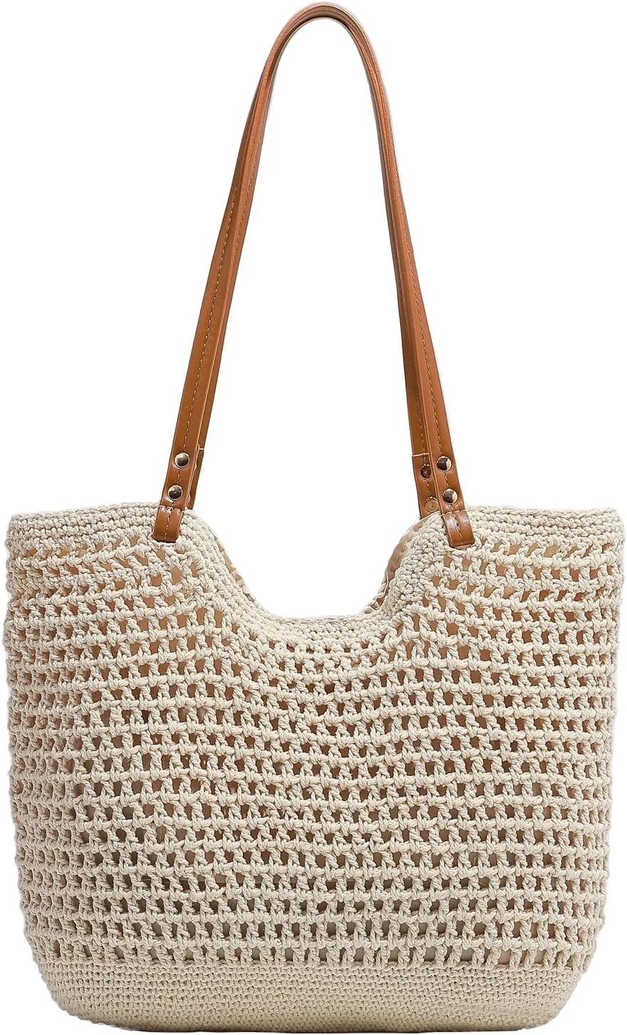 Large Capacity Crochet Knitted Summer Tote, Woven Beach Shoulder Bag, Bohemian Hollow Purses for Shopping Vacation