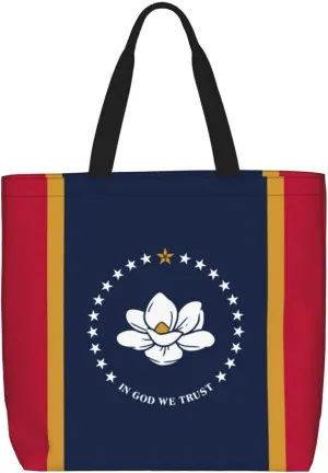 Large Capacity Shoulder Bag with Zipper,Reusable Grocery Mississippi State Flag Print Tote Bag for Shopping