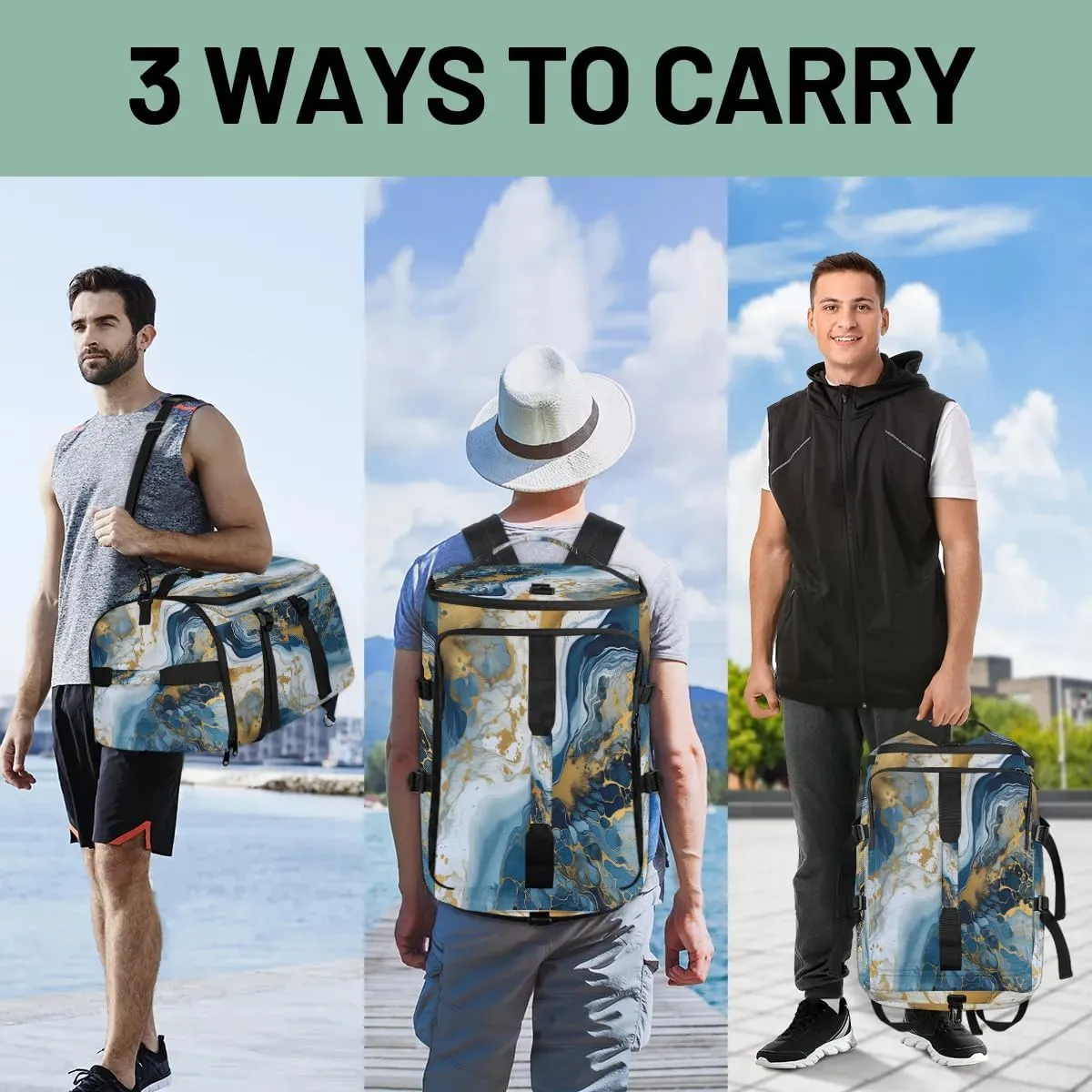 Large Carry on Backpack for Women Men Multi-function Gym Duffle Bag Blue Marble Design Backpack Polyester Waterproof Duffel Bags