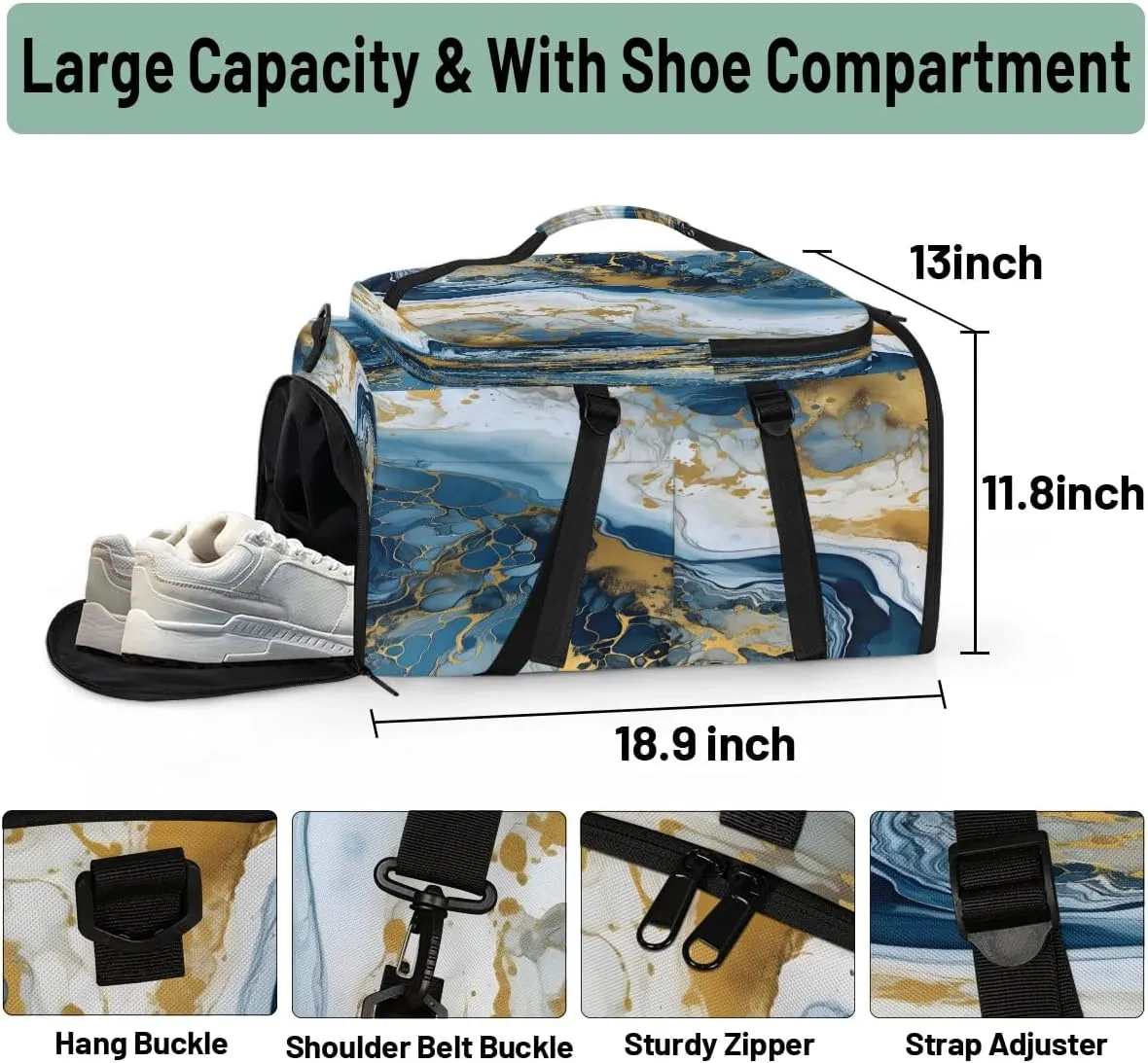 Large Carry on Backpack for Women Men Multi-function Gym Duffle Bag Blue Marble Design Backpack Polyester Waterproof Duffel Bags
