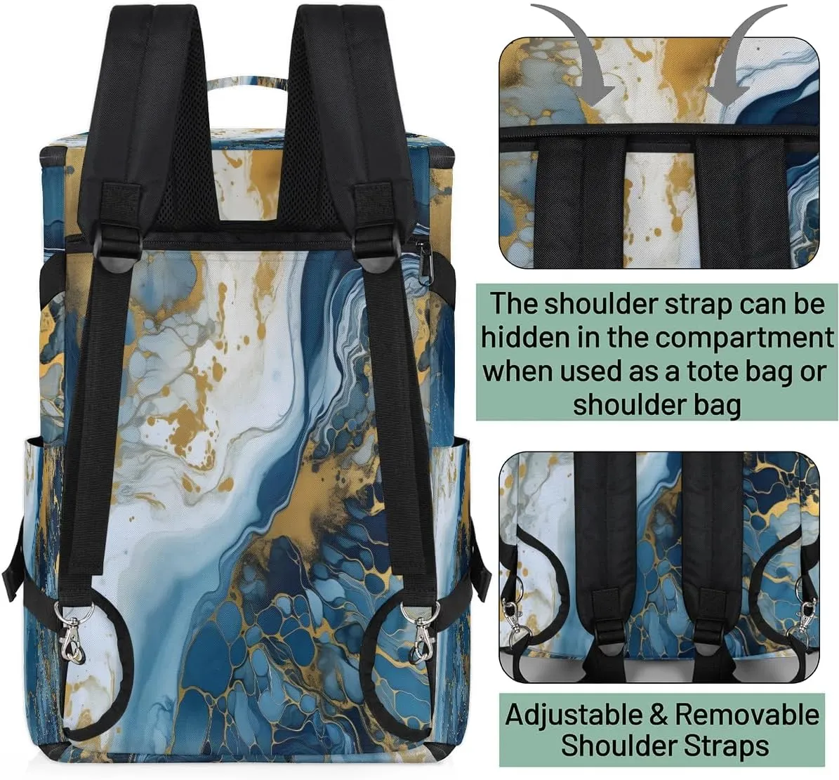 Large Carry on Backpack for Women Men Multi-function Gym Duffle Bag Blue Marble Design Backpack Polyester Waterproof Duffel Bags