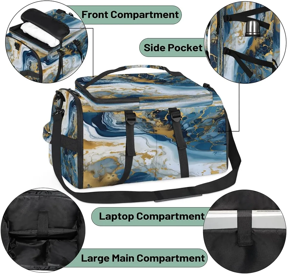 Large Carry on Backpack for Women Men Multi-function Gym Duffle Bag Blue Marble Design Backpack Polyester Waterproof Duffel Bags