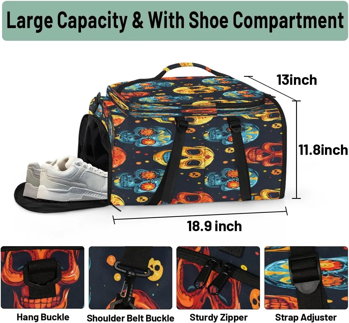 Large Carry on Backpack for Women Men Multi-function Gym Duffle Bag Cute Skulls Backpack Polyester Waterproof Duffel Bags